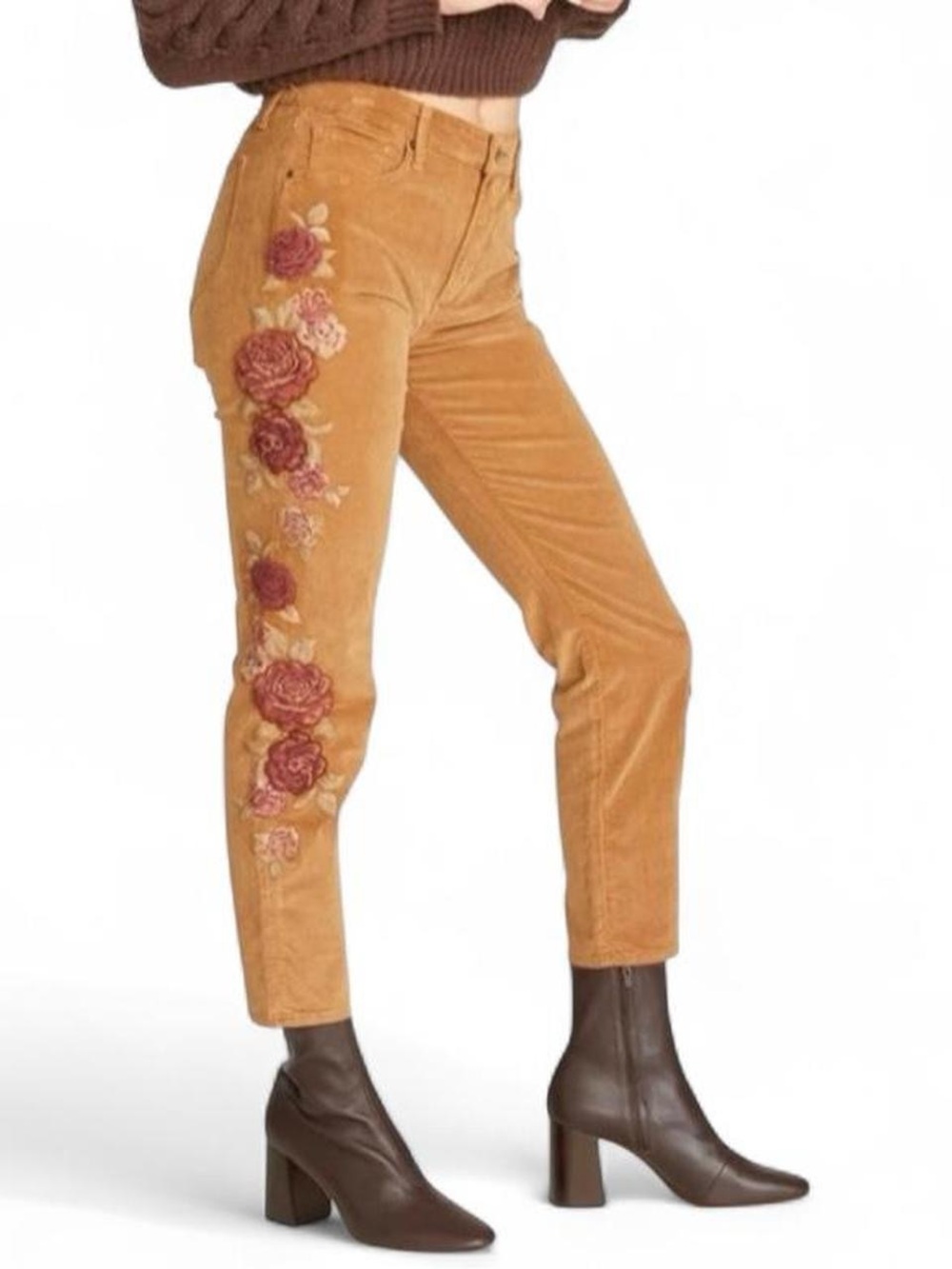 Free People x Driftwood Gizelle Brown Tan Cord Jeans with Rose Embroidery